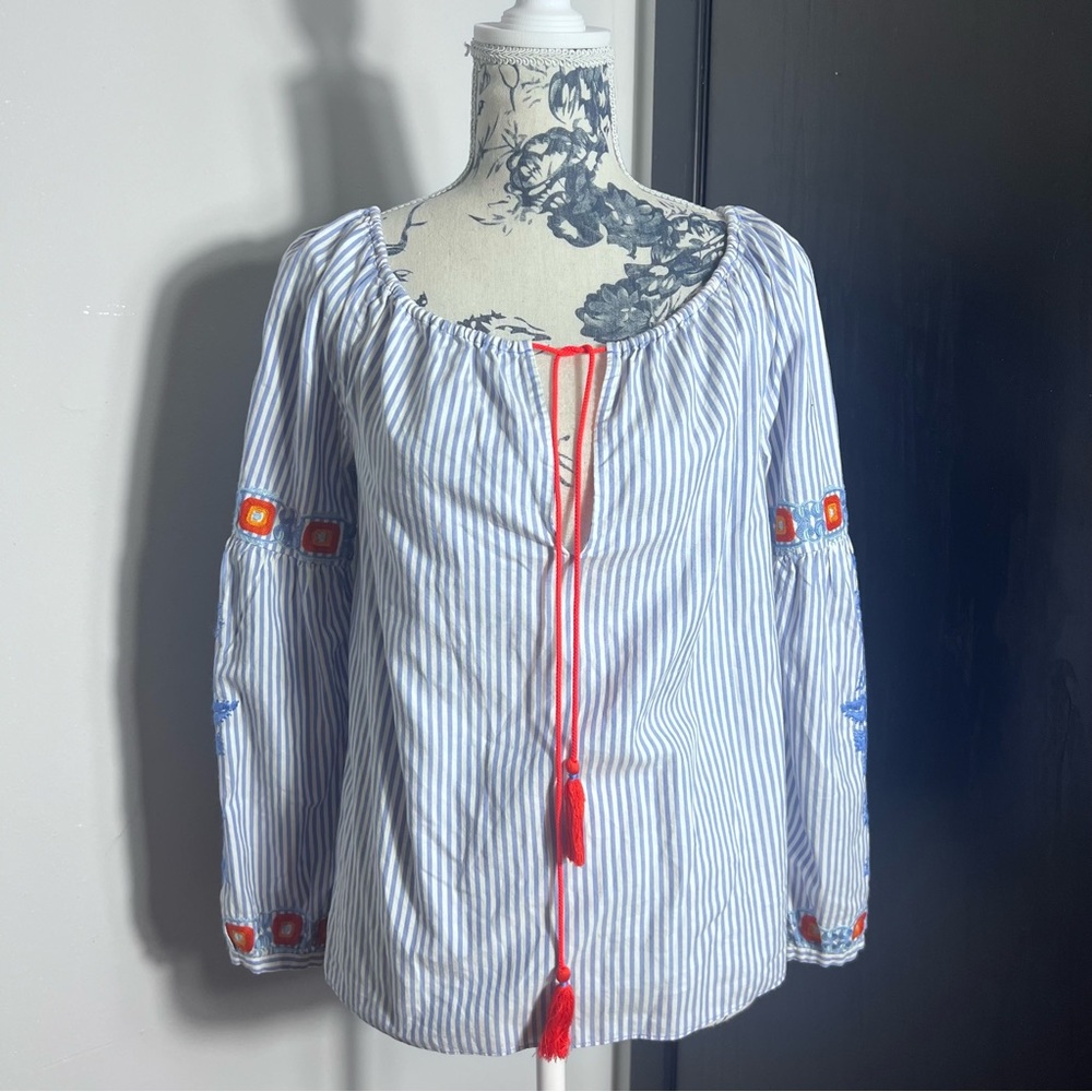Tory Burch Cotton Embroidered Blue and White Stripe Blouse  - Size 2